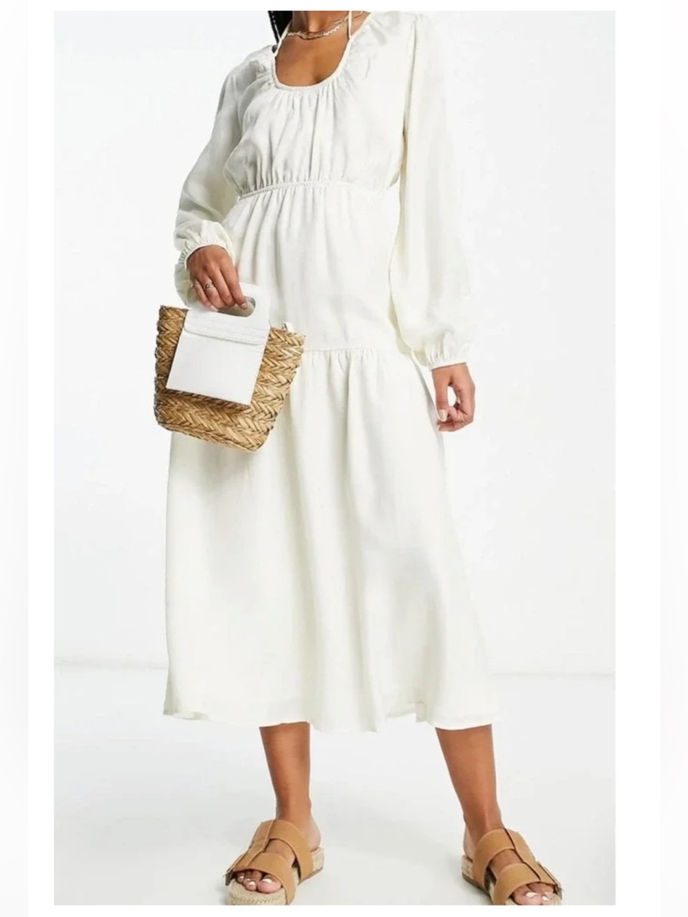 Topshop Ecru Long Sleeve Scoop-Neck Tiered Maxi Dress Size 8